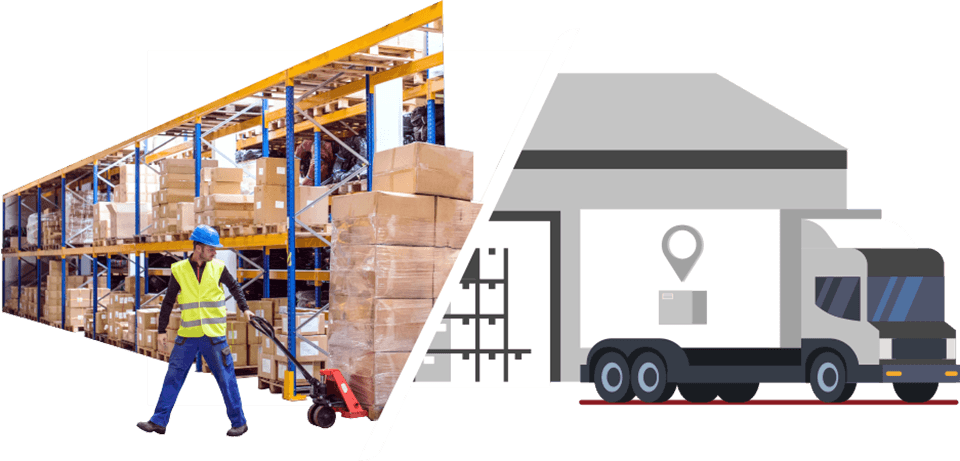 ProConnect logistics: Warehouse shelves and a delivery truck